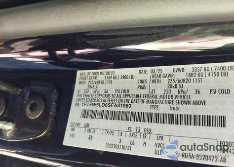 2025 Ford F-150 Lariat из США, поврежденный, VIN 1FTFW5LD6SFA81963